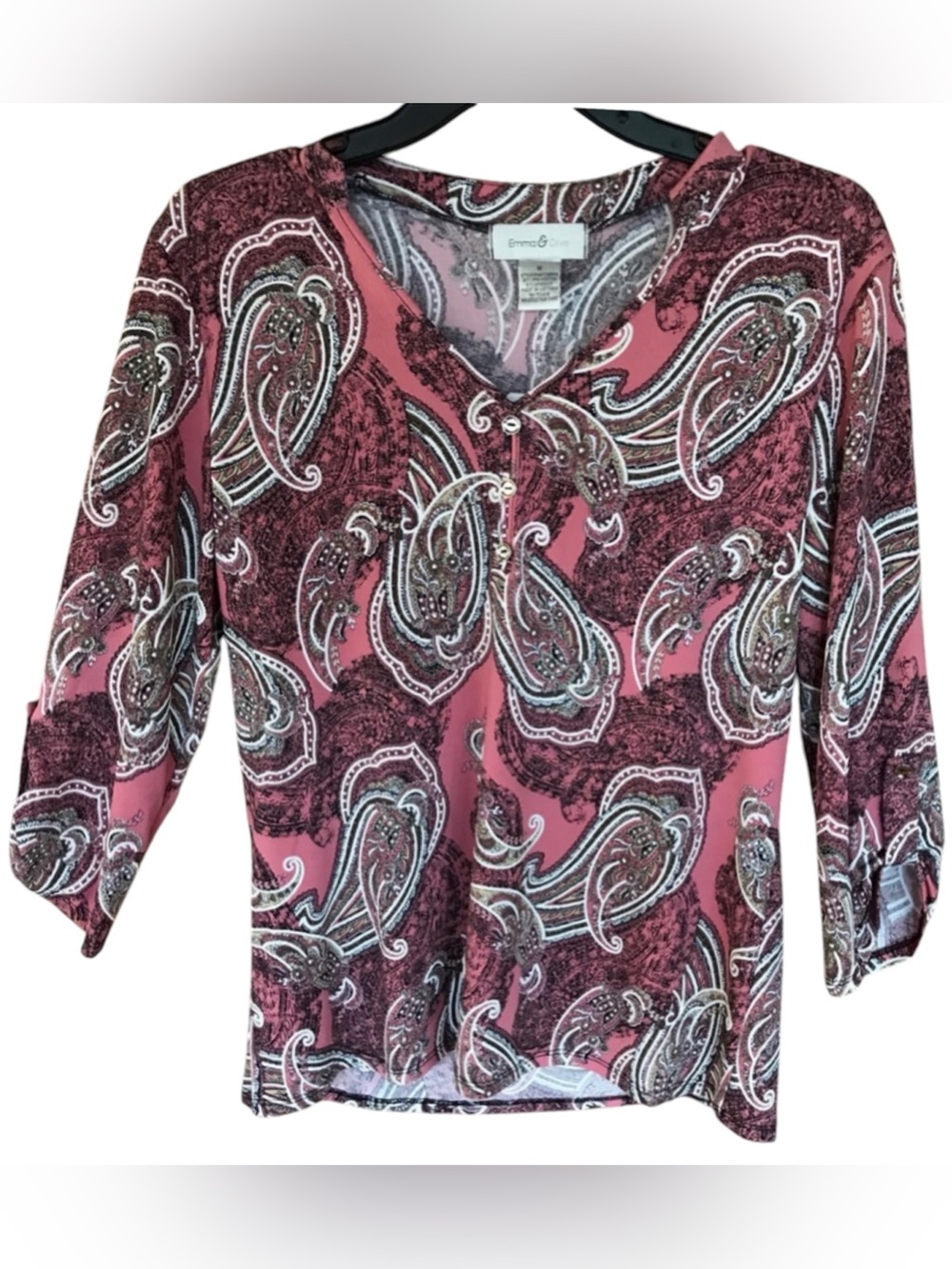 Emma & Olive Pink Paisley Blouse NWT Medium Boho Henley 3/4 Tab Sleeve
